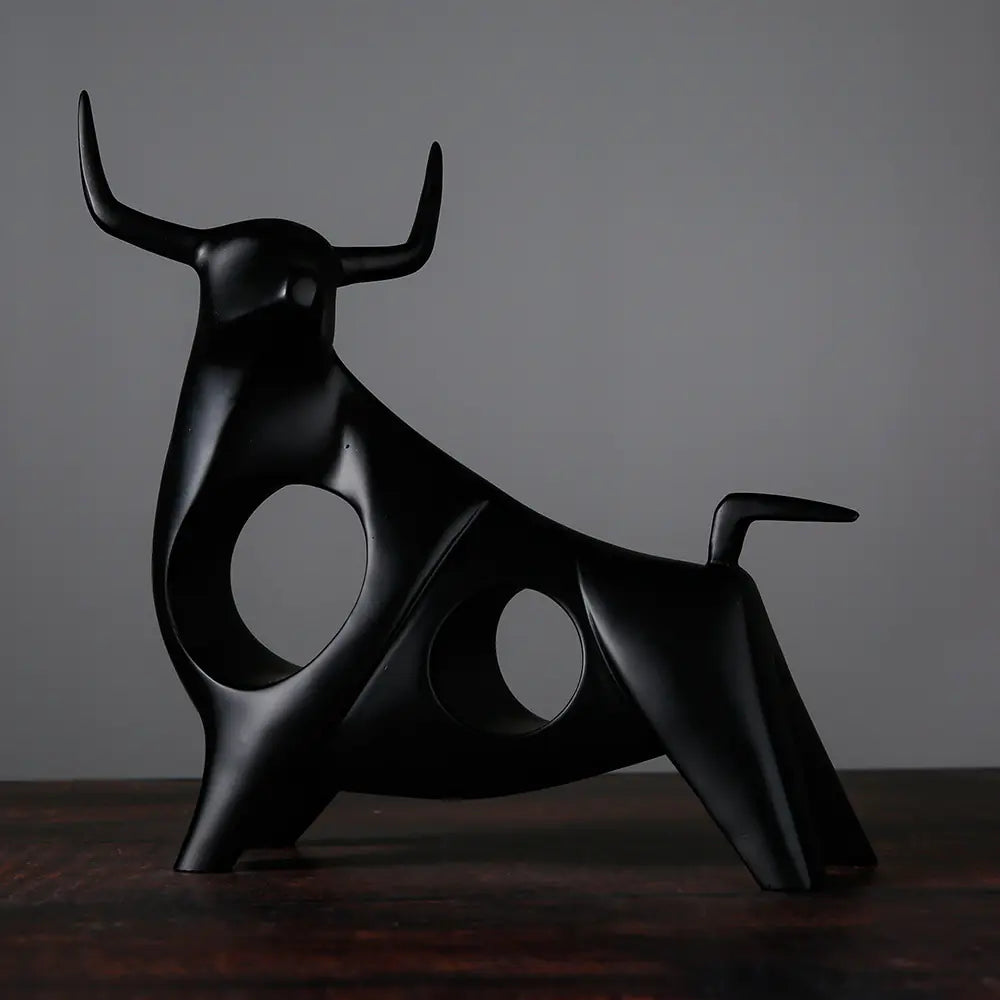 Modern Black and White Bull Figurine for Home Decor