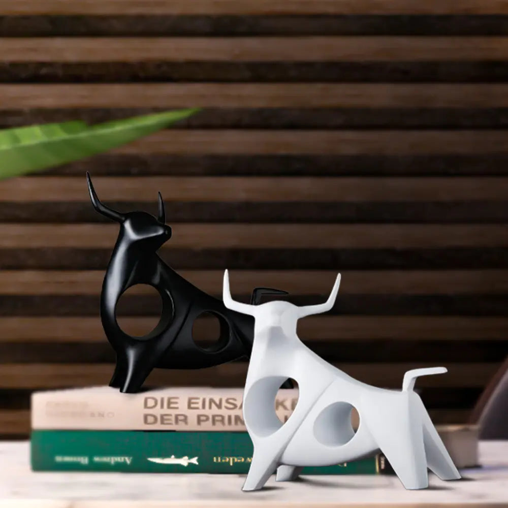 Modern Black and White Bull Figurine for Home Decor