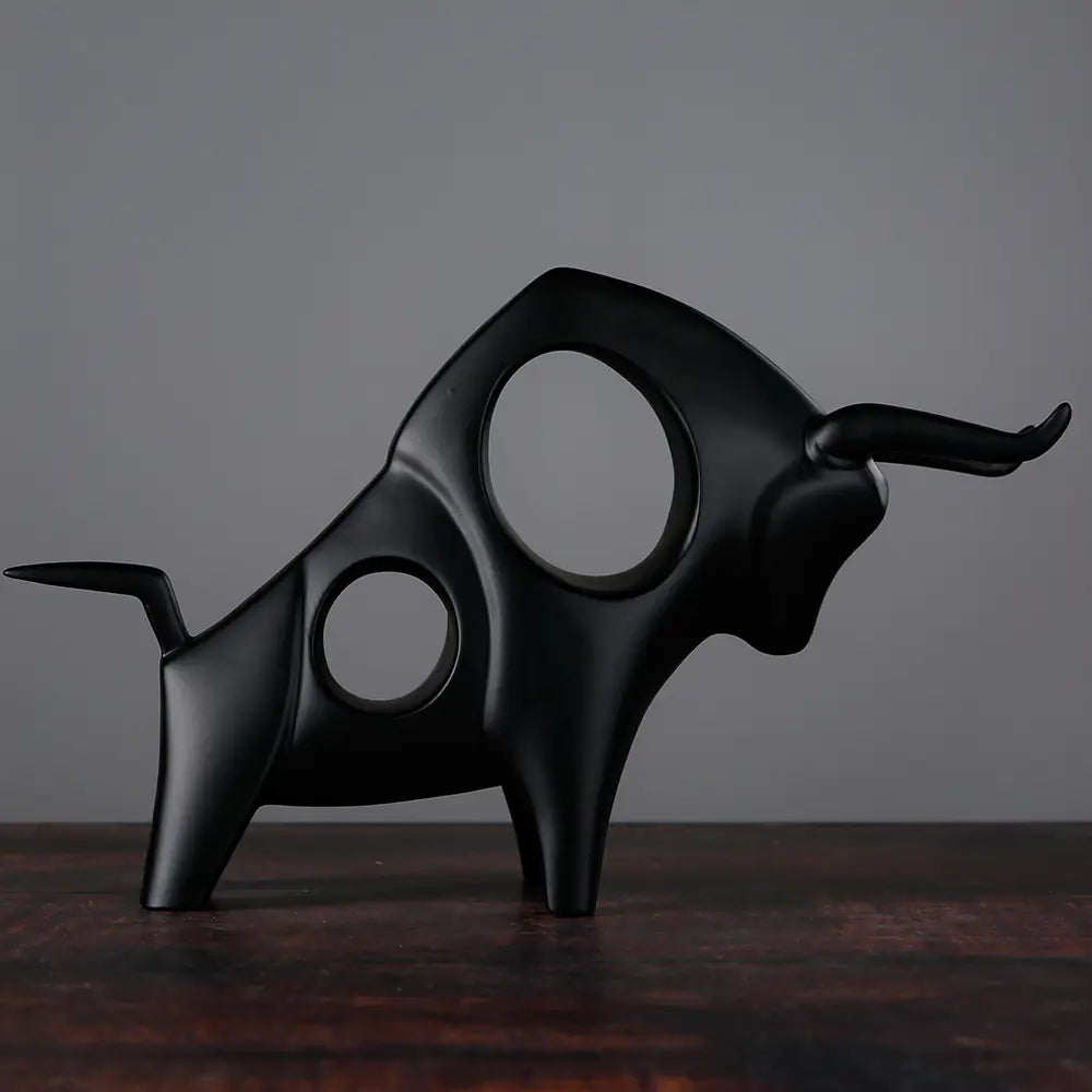 Modern Black and White Bull Figurine for Home Decor
